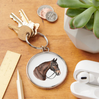 Watercolor Bay horse head in a bridle Keychain