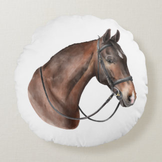 Watercolor Bay horse head in a bridle Round Pillow