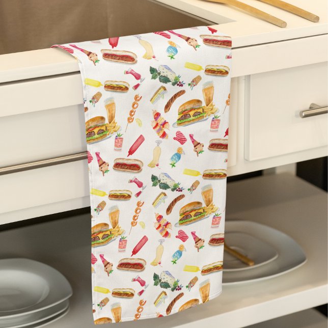Watercolor BBQ Food, Drinks & Desserts Pattern Kitchen Towel (Creator Uploaded)
