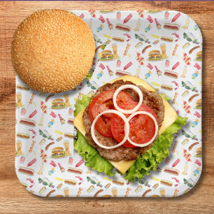 Watercolor BBQ Food, Drinks & Desserts Pattern Paper Plate