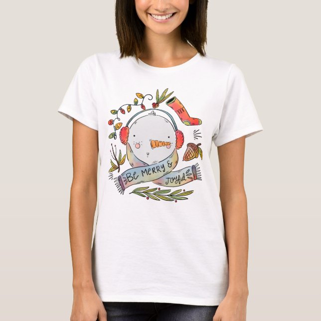 Watercolor Be Merry Snowman T-Shirt (Front)