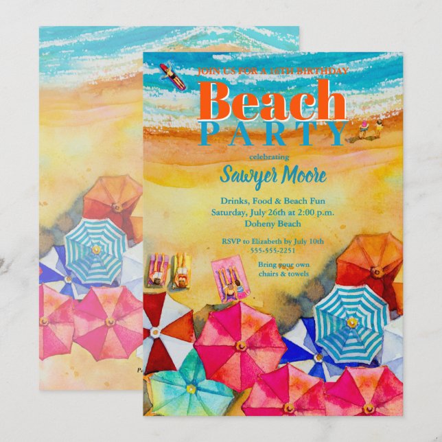 Watercolor Beach 16th Birthday Party Invitation (Front/Back)