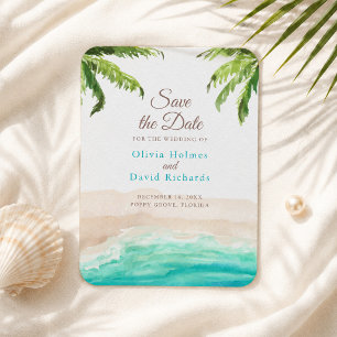 Watercolor Beach and Palm Leaves Save the Date Magnet