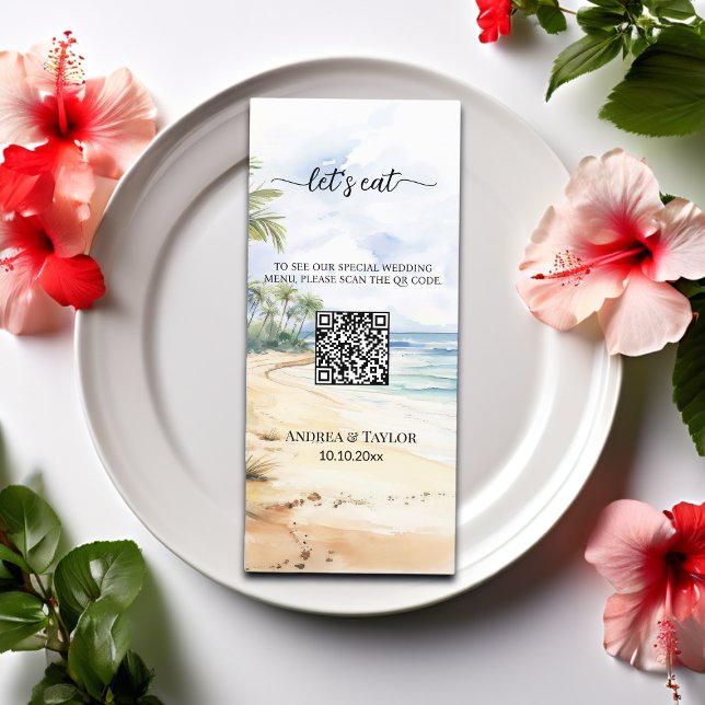 Watercolor Beach and Palm Trees QR Code Wedding Menu (Creator Uploaded)