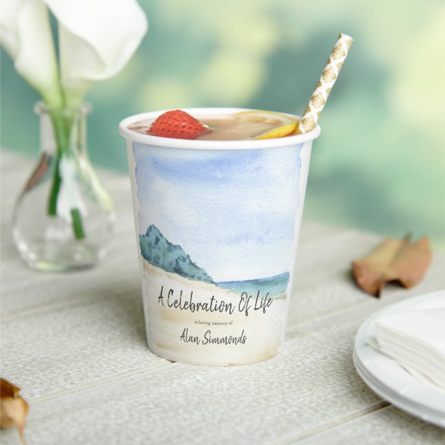 Watercolor Beach and Water Celebration Of Life Paper Cups (Insitu)