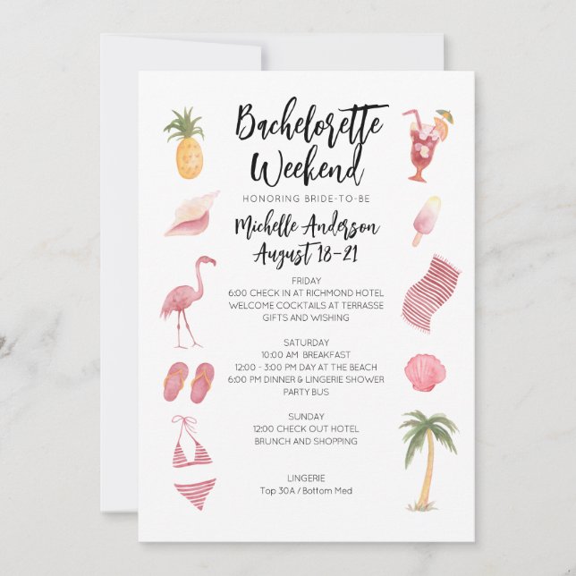 Watercolor Beach Bachelorette Weekend Itinerary Invitation (Front)