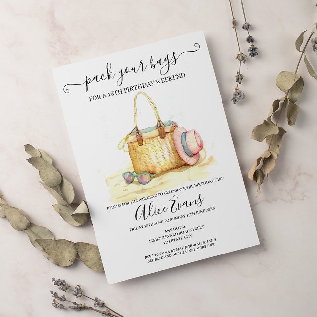 Watercolor Beach Bag Birthday Pink Weekend Invitation (Creator Uploaded)