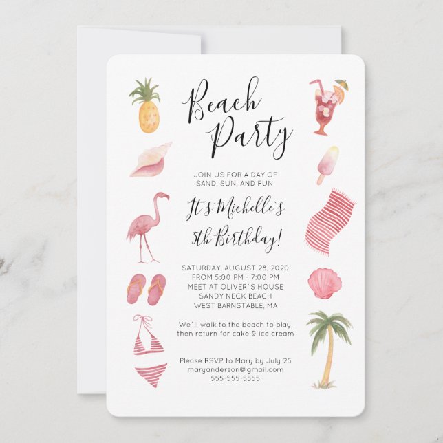 Watercolor Beach Birthday Party Invitation (Front)