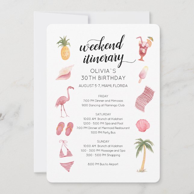 Watercolor Beach Birthday Weekend Itinerary Invitation (Front)