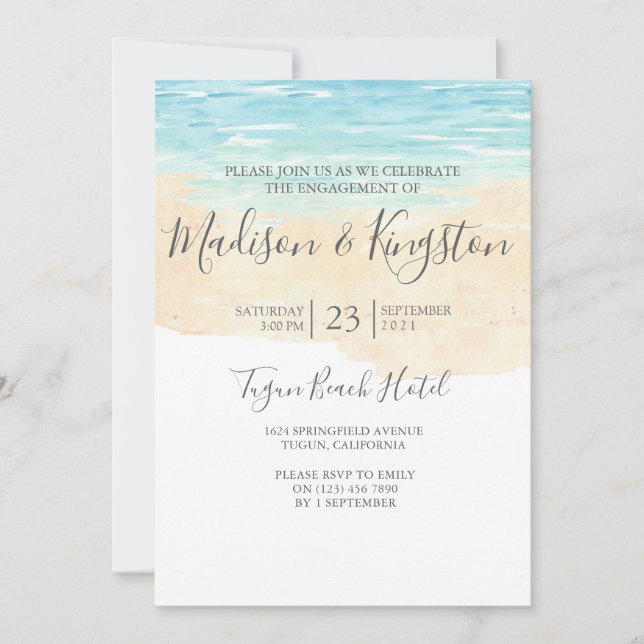Watercolor Beach Blue Engagement Party Invitation (Front)