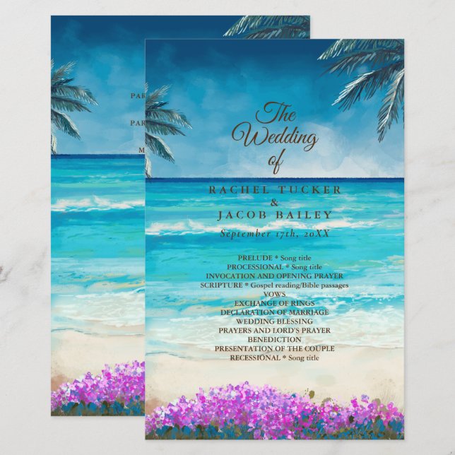 Watercolor Beach Blue Ocean Wedding Program (Front/Back)