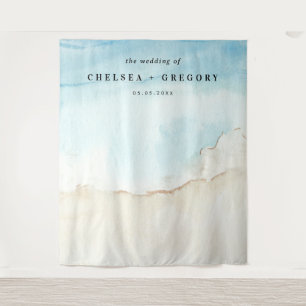 Watercolor Beach Blue & Sand Wedding Backdrop Tapestry