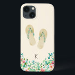 Watercolor Beach Botanical Flip Flops iPhone 13 Case<br><div class="desc">Elegant watercolor tropical island botanical embellished flip flops with matching border,  personalized with initial,  sandy beige iPhone case.</div>