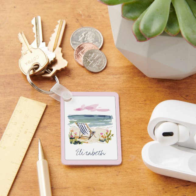 Watercolor Beach Chair Personalized Keychain (Desk)