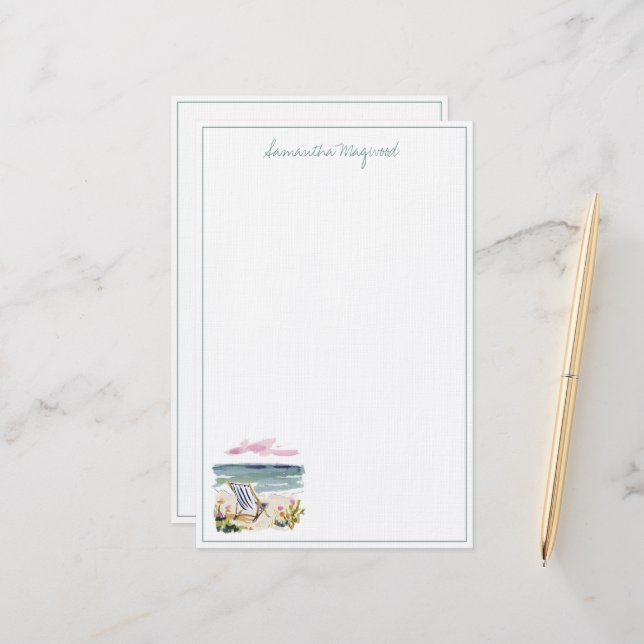Watercolor Beach Chair Personalized Stationery (Front/Back In Situ)