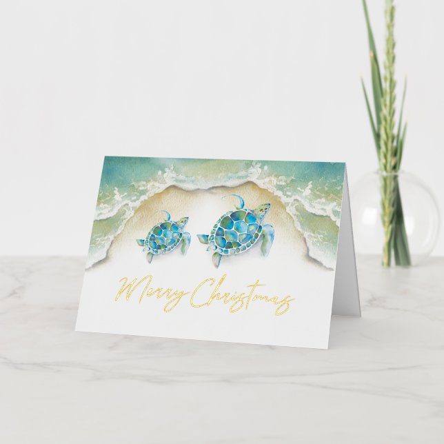 Watercolor Beach Christmas Card Sea Turtles (Front)