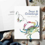Watercolor Beach Christmas Cards Blue Crab<br><div class="desc">These seashore holiday greetings feature a watercolor blue crab in nautical and colourful shades. The words "seas and greetings" are set in fun typography. These ocean-themed Christmas cards open to reveal your custom greeting. Use the template fields to add your personalized text. A coastal choice for Christmas greetings. To see...</div>