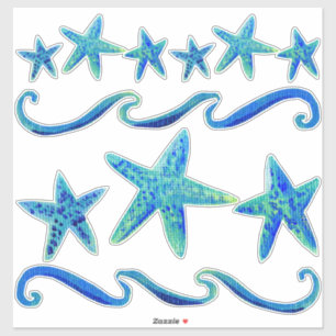Watercolor Beach Coastal Decor Starfish n Waves