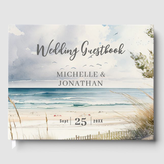 Watercolor Beach Coastal Destination Wedding Guest Book (Front)