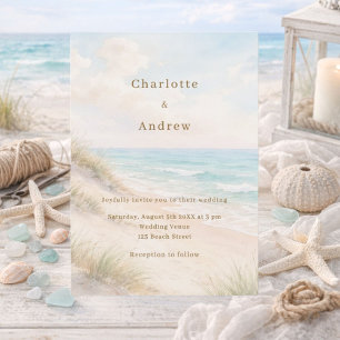 Watercolor beach coastal modern wedding invitation