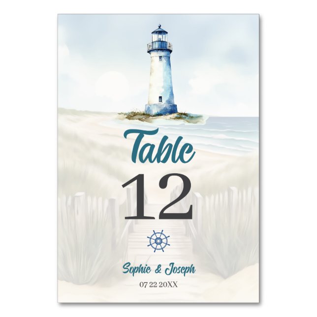 Watercolor Beach, Coastal New England Wedding Table Number (Front)
