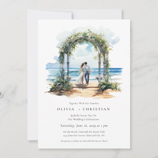 Watercolor Beach Coastal Wedding Invitation (Front)