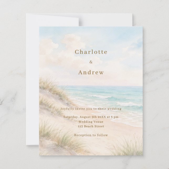 Watercolor beach coatal modern wedding invitation (Front)