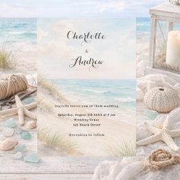 Watercolor beach coatal modern wedding invitation