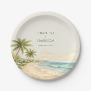 Watercolor Beach Destination Wedding Coastal  Paper Plate