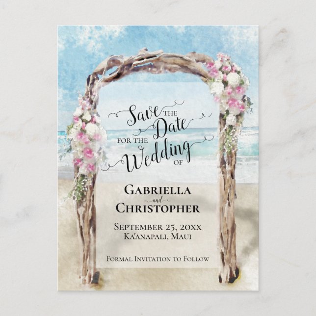 Watercolor Beach Destination Wedding Save the Date Announcement Postcard (Front)