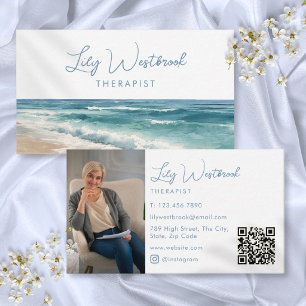 Watercolor Beach Elegant Therapist Photo QR Code Business Card