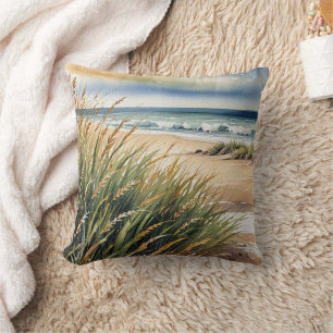 Watercolor Beach Grass and Ocean Scene Throw Pillow