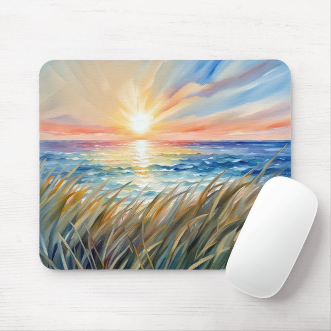 Watercolor Beach Grass and Sunrise Mouse Pad (With Mouse)