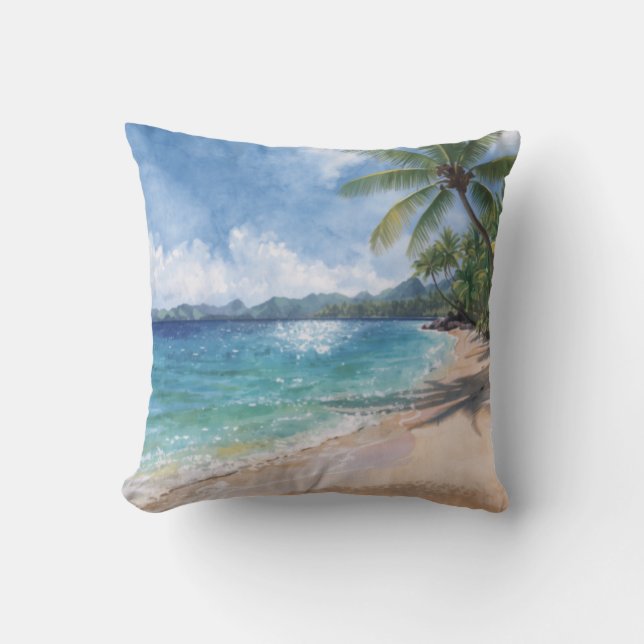 Watercolor Beach Hawaii Throw Pillow (Front)