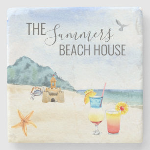 Watercolor Beach House Cocktail Sea Personalized Stone Coaster