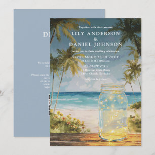 Watercolor Beach Mason Jar QR Code Wedding Invitation