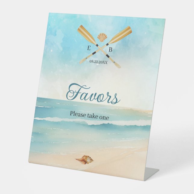 Watercolor Beach Oars Wedding Favours Pedestal Sign (Front)