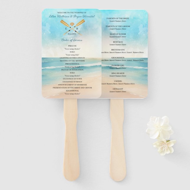 Watercolor Beach Oars Wedding Hand Fan (Front and Back)