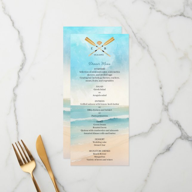 Watercolor Beach Oars Wedding Menu (Front/Back In Situ)