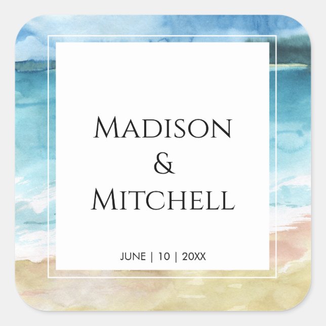 Watercolor Beach Ocean Destination Wedding Square Sticker (Front)