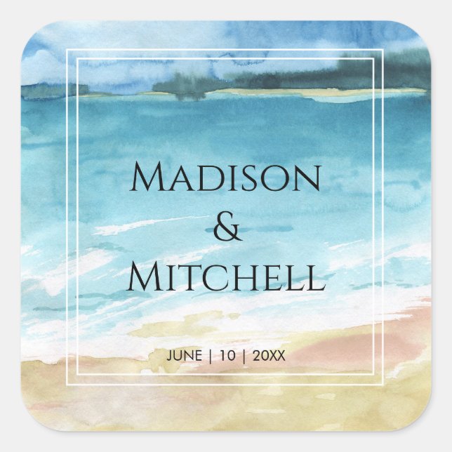 Watercolor Beach Ocean Destination Wedding Square Sticker (Front)