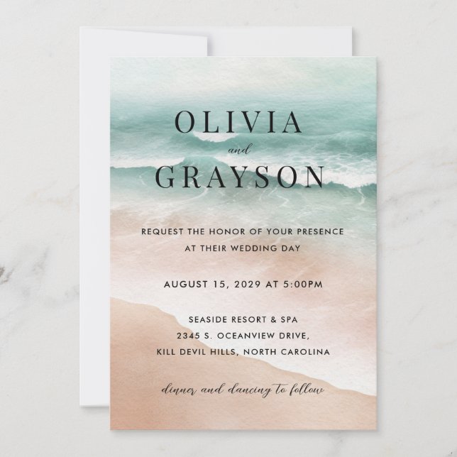 Watercolor Beach Ocean Faire-part de mariage (Devant)