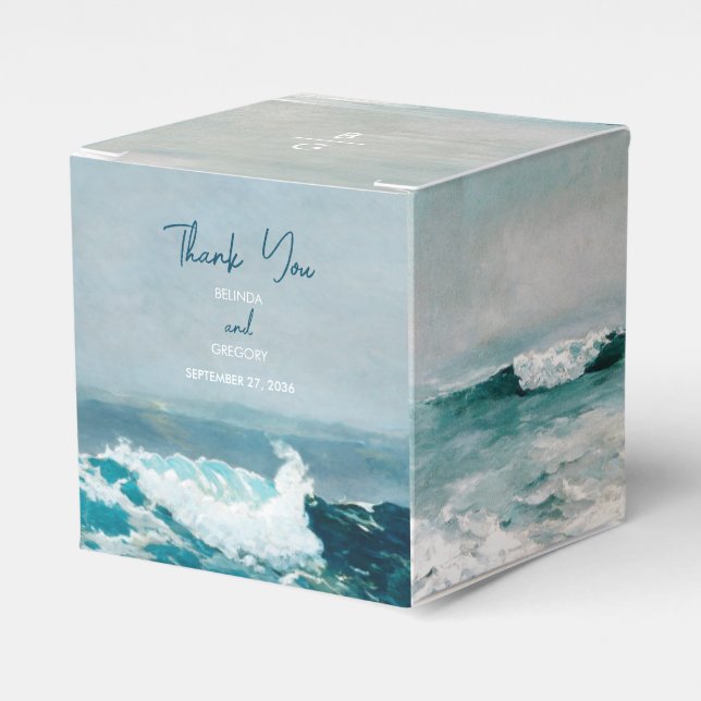 Watercolor Beach Ocean Waves Monogram Wedding Favor Box (Front Side)