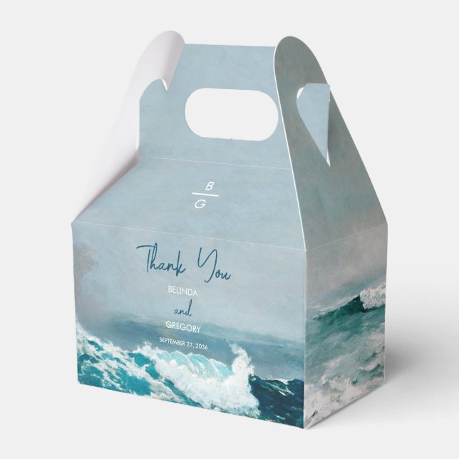Watercolor Beach Ocean Waves Monogram Wedding  Favor Box (Front Side)
