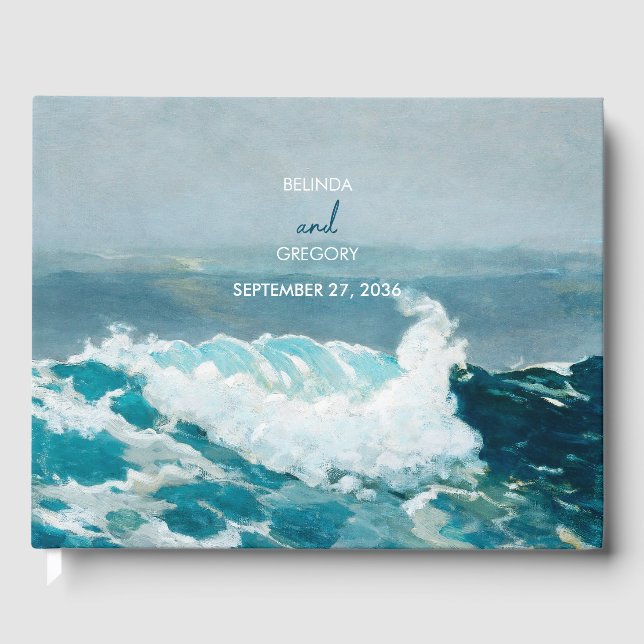 Watercolor Beach Ocean Waves Monogram Wedding   Guest Book (Front)