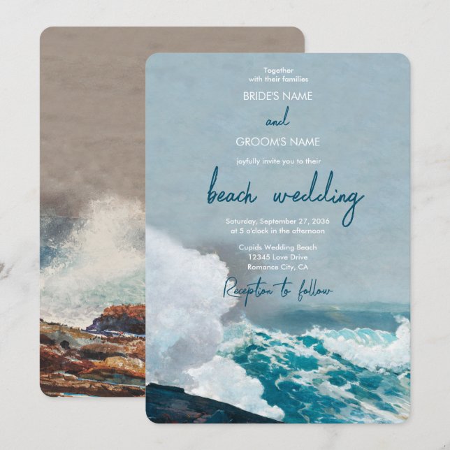 Watercolor Beach Ocean Waves Monogram Wedding Invitation (Front/Back)