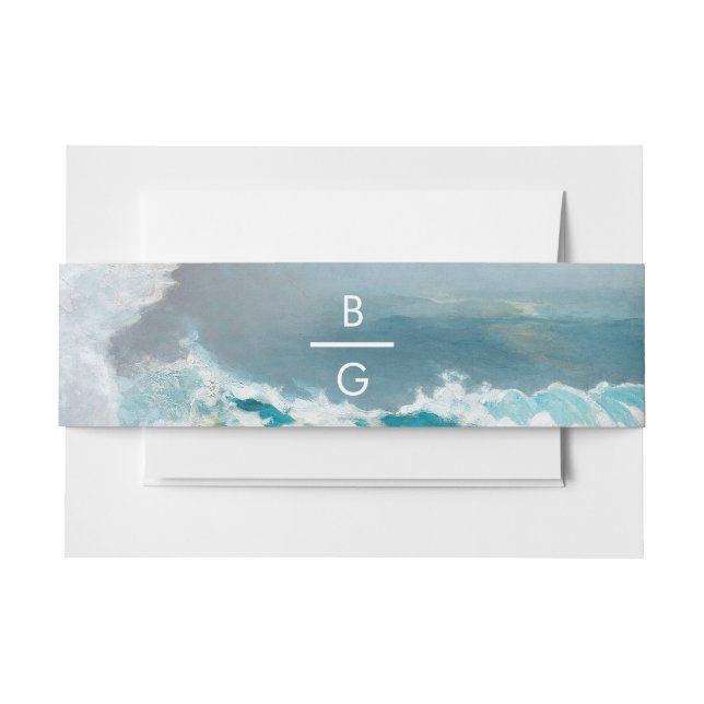 Watercolor Beach Ocean Waves Monogram Wedding Invitation Belly Band (Front Example)