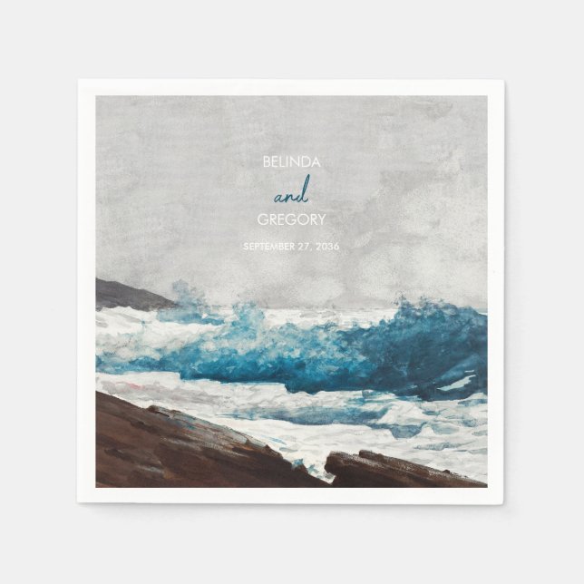Watercolor Beach Ocean Waves Monogram Wedding Napkin (Front)