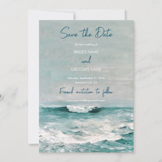 Watercolor Beach Ocean Waves Monogram Wedding   Save The Date (Front)