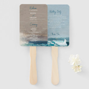 Watercolor Beach Ocean Waves Wedding Program  Hand Fan